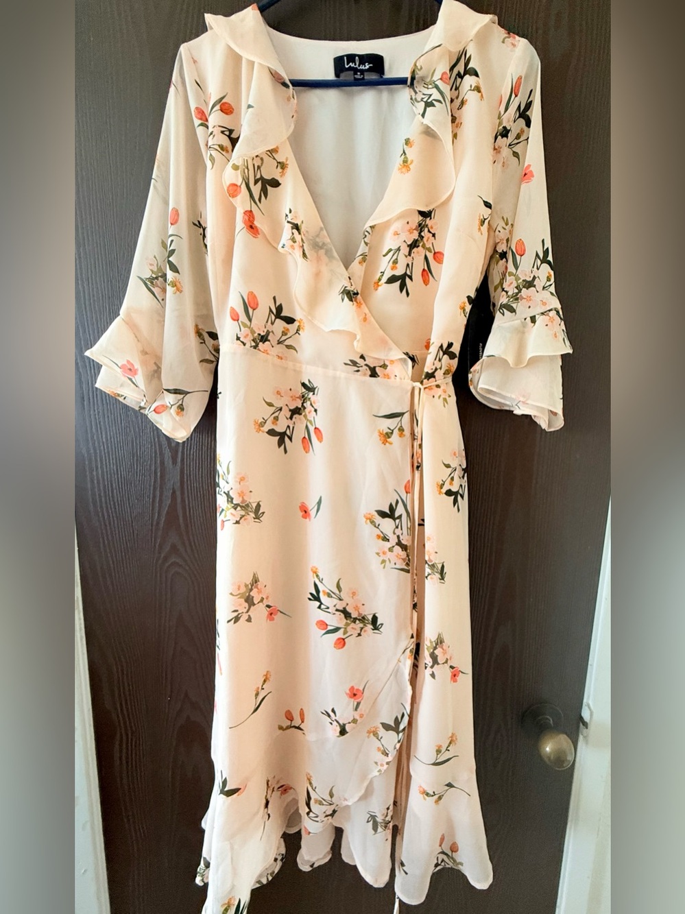 Lulu's Blush Floral Midi Wrap Dress with Ruffle Trim